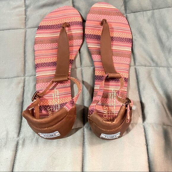 Toms Playa T-Strap Brown Leather & Multicolored Striped Sandals - Picture 3 of 5